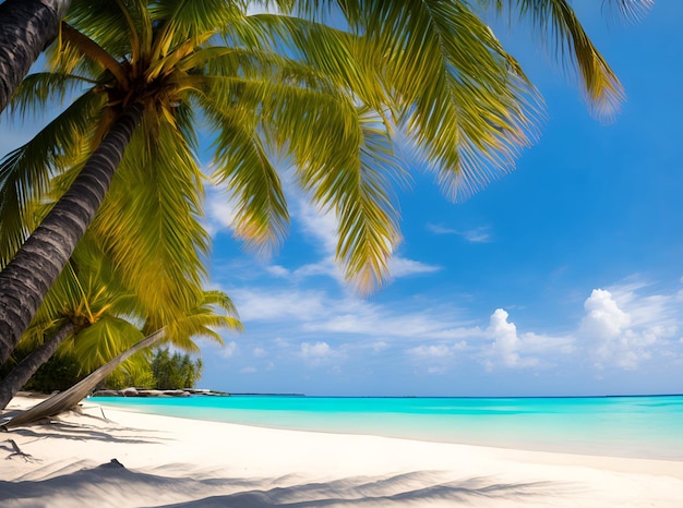 Una playa con palmeras y un cielo azul.