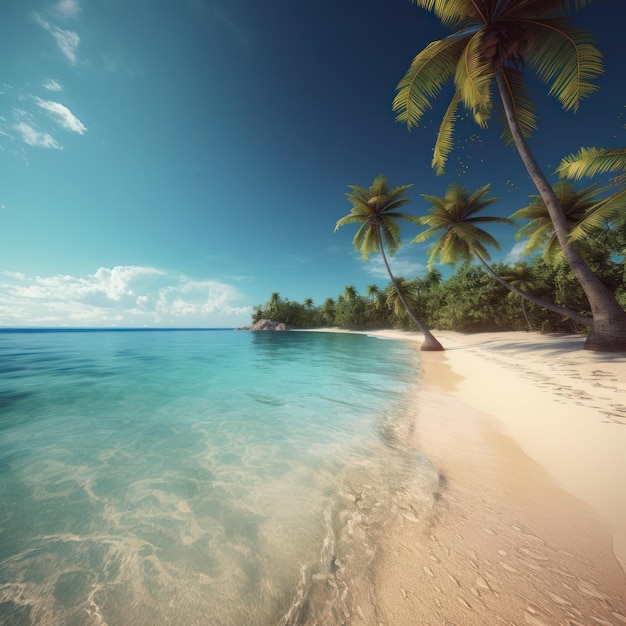 Una playa con palmeras y un cielo azul.