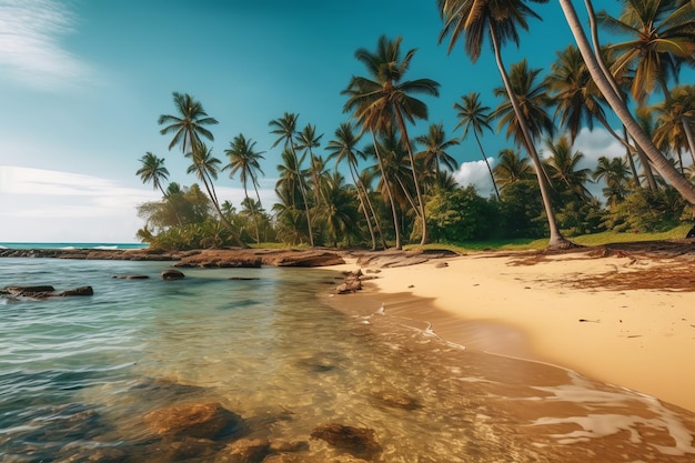 Una playa con palmeras y un cielo azul.