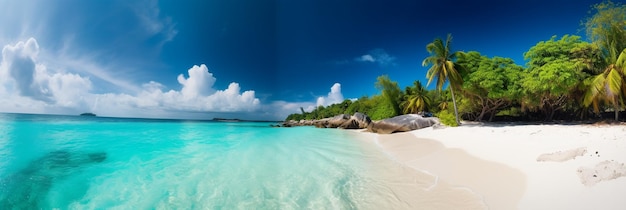 Una playa con palmeras y un cielo azul.