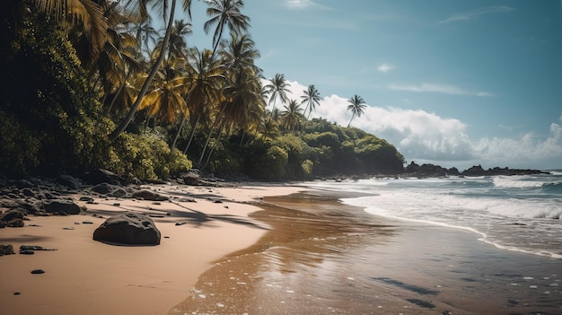 Una playa con palmeras y un cielo azul.