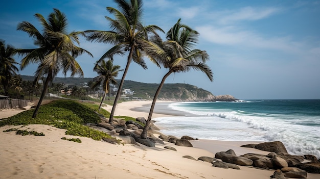 Una playa con palmeras y un cielo azul.