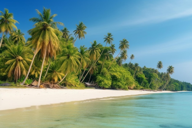 Una playa con palmeras y un cielo azul.