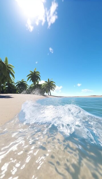 Una playa con palmeras y un cielo azul.