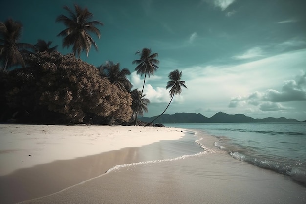 Una playa con palmeras y un cielo nublado