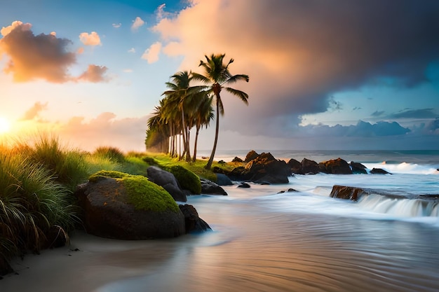 Una playa con palmeras y un cielo nublado