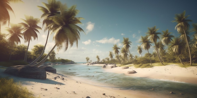 Playa con palmeras Hermosa playa tropical y mar Playa tropical con cocoteros Playa tropical paradisíaca con arena blanca IA generativa