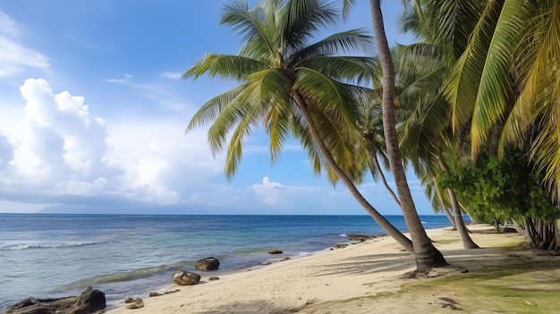 Una playa con palmeras y el mar de fondo