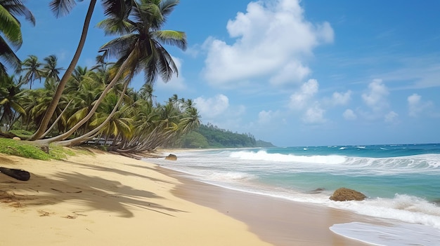 Una playa con palmeras y el mar de fondo