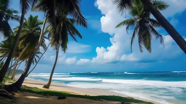 Una playa con palmeras y el mar de fondo