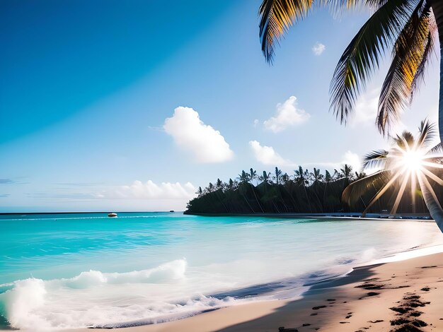 Foto una playa con palmeras y el mar de fondo