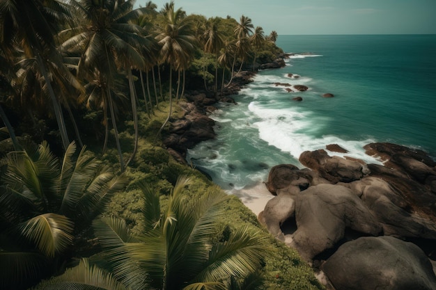 Una playa con palmeras y el mar de fondo
