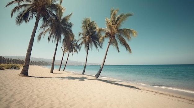 Una playa con palmeras y el mar de fondo.