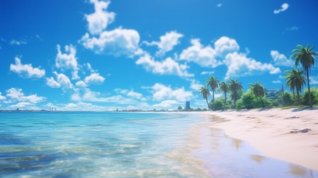 Una playa con palmeras y el mar de fondo.