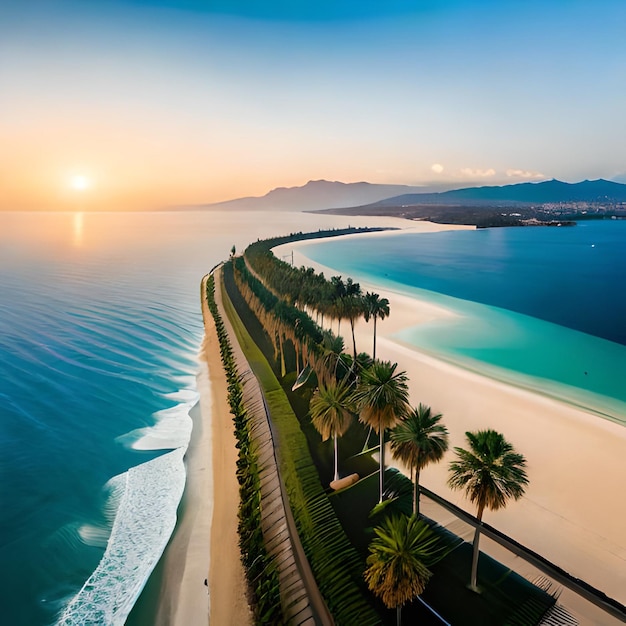 Una playa con palmeras y el mar de fondo