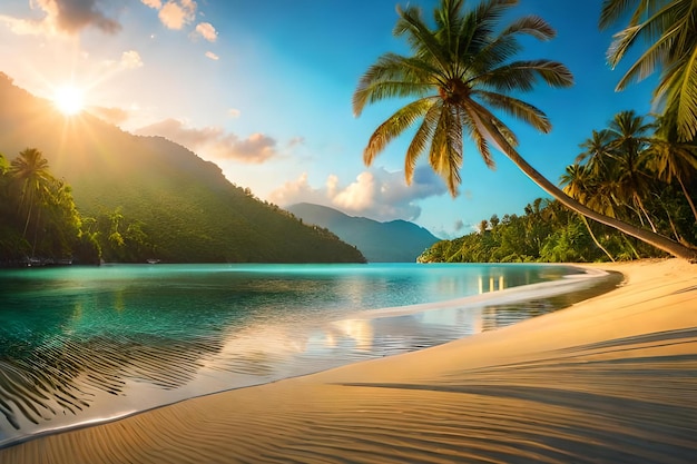 Una playa con palmeras y montañas al fondo.