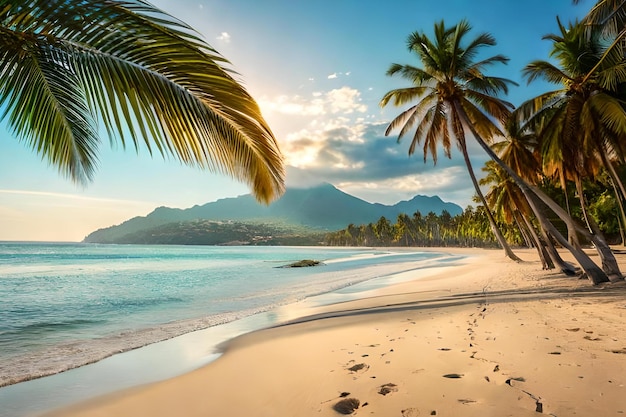 Una playa con palmeras y montañas al fondo.