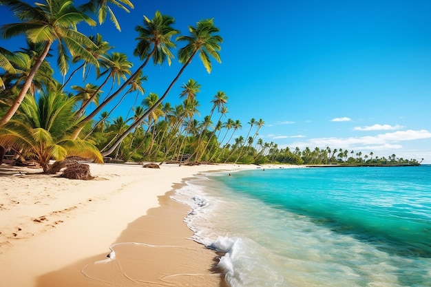 Una playa con palmeras y el océano al fondo.