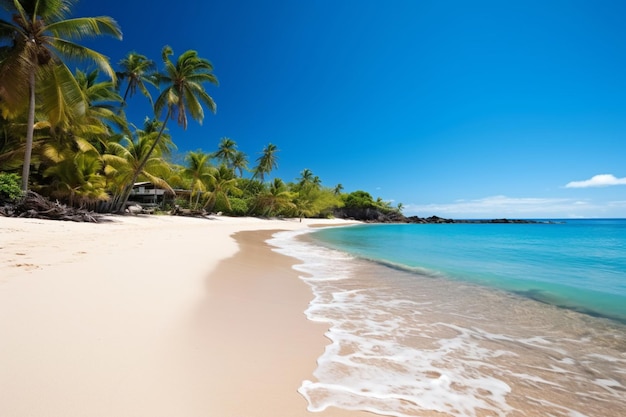 Una playa con palmeras y un océano azul al fondo.