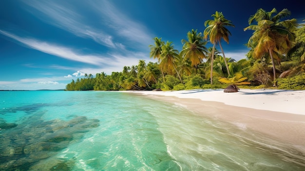 Una playa con palmeras y un océano azul claro