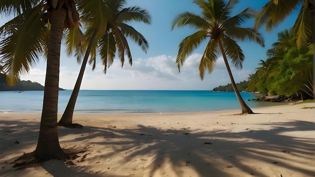 una playa con palmeras y un océano azul en el fondo