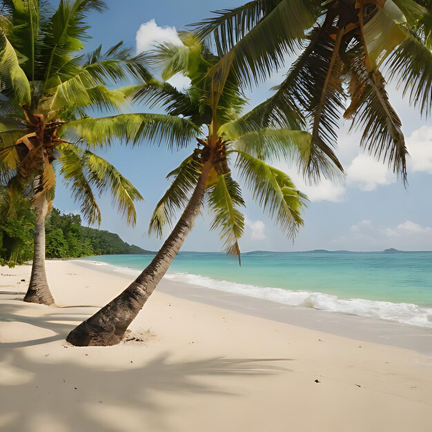 una playa con palmeras y un océano azul en el fondo