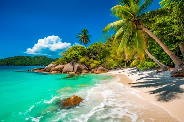 Una playa con palmeras y un océano azul.