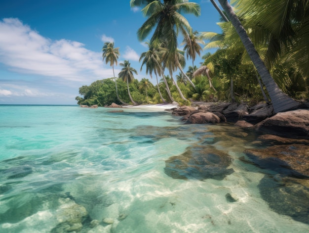 Una playa con palmeras y un océano azul.