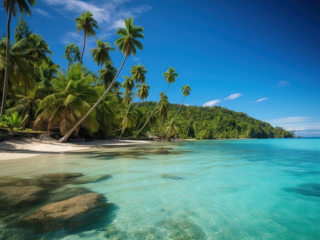 Una playa con palmeras y un océano azul.