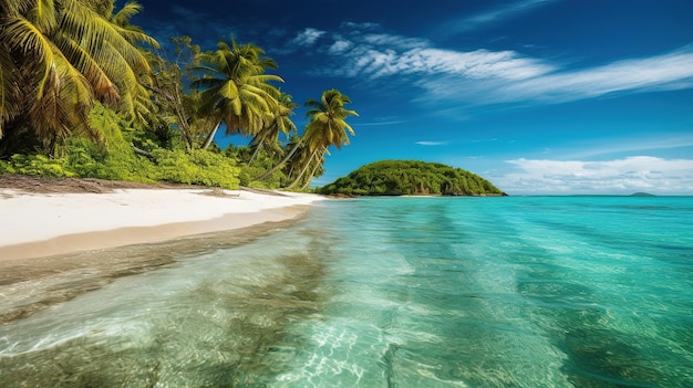 Una playa con palmeras y un océano azul.