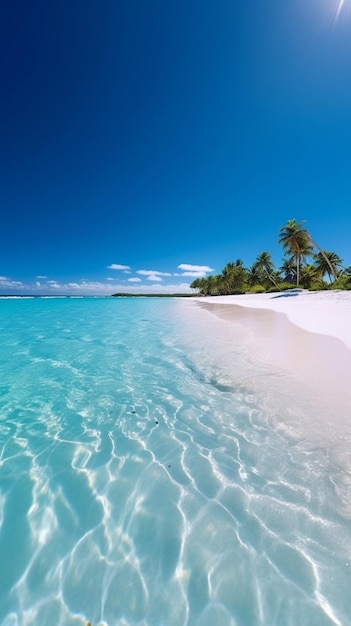 Una playa con palmeras y un océano azul.