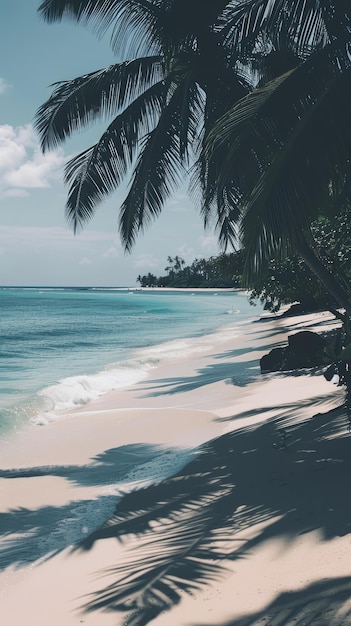 una playa con palmeras y el océano en el fondo