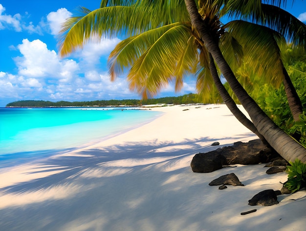 Una playa con palmeras y el océano.