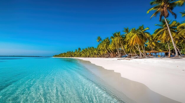 Una playa con palmeras y una palmera en la orilla.