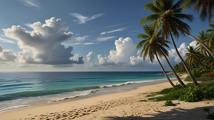 una playa con palmeras y una playa al fondo