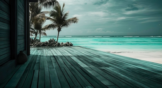 Una playa con palmeras y una playa al fondo.