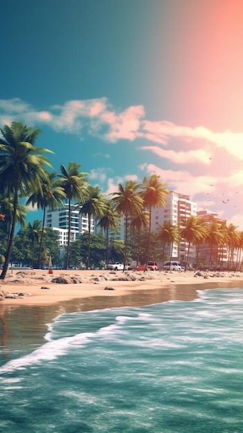 Una playa con palmeras y una playa al fondo.