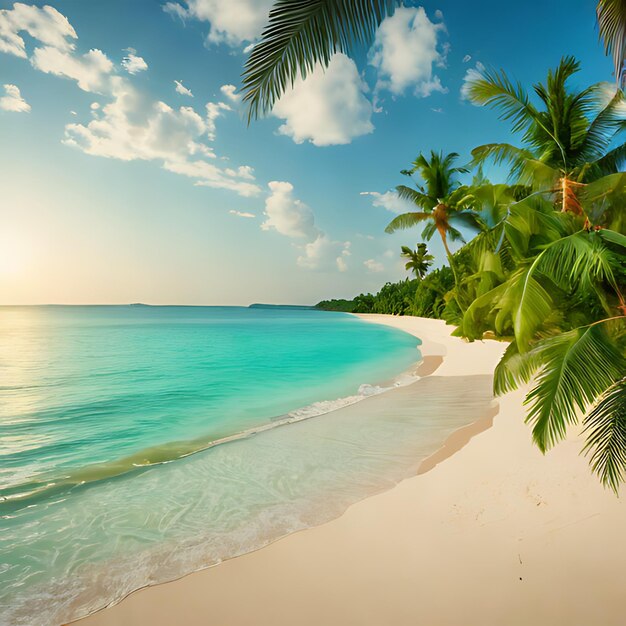 una playa con palmeras y una playa con un cielo azul y nubes