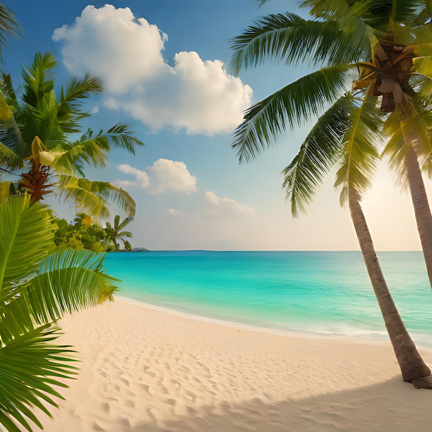 una playa con palmeras y una playa en el fondo