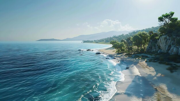 una playa con palmeras y una playa en el fondo