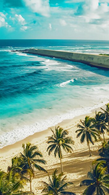 una playa con palmeras y una playa en el fondo