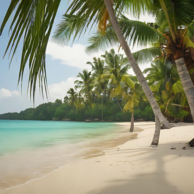 una playa con palmeras y una playa en el fondo