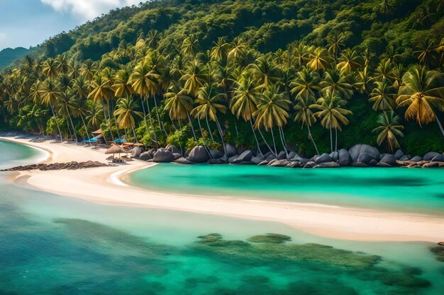 Una playa con palmeras y una playa en el fondo