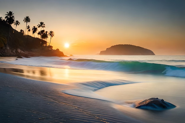 Una playa con palmeras y la puesta de sol detrás de ella