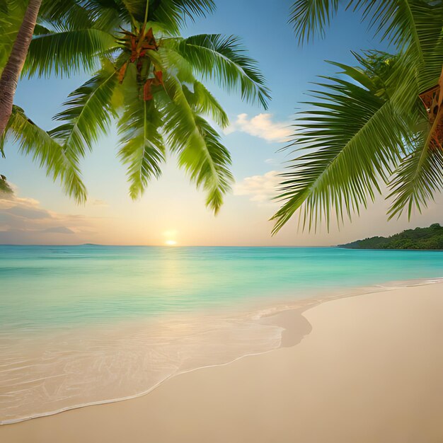 Foto una playa con palmeras y una puesta de sol en el fondo