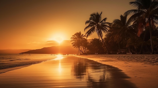 Una playa con palmeras y la puesta de sol sobre el océano.