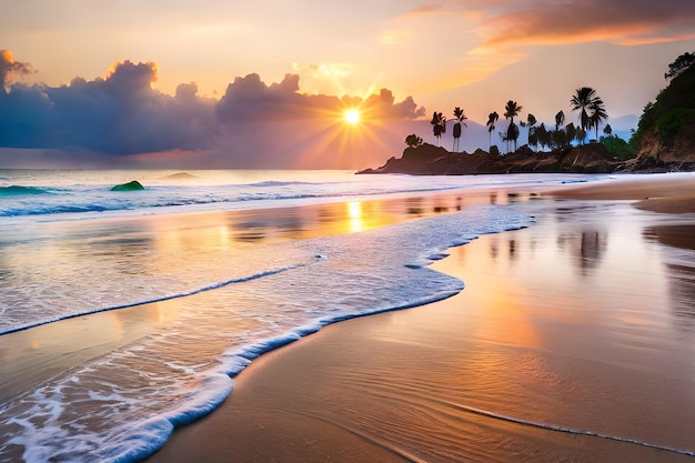 Una playa con palmeras y la puesta de sol sobre el océano.