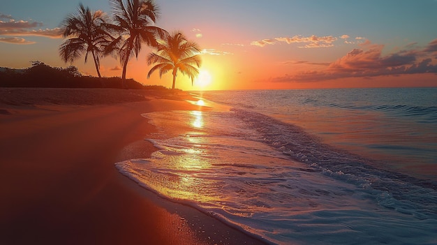 La playa con las palmeras y la puesta de sol