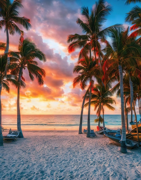 Una playa con palmeras y una puesta de sol