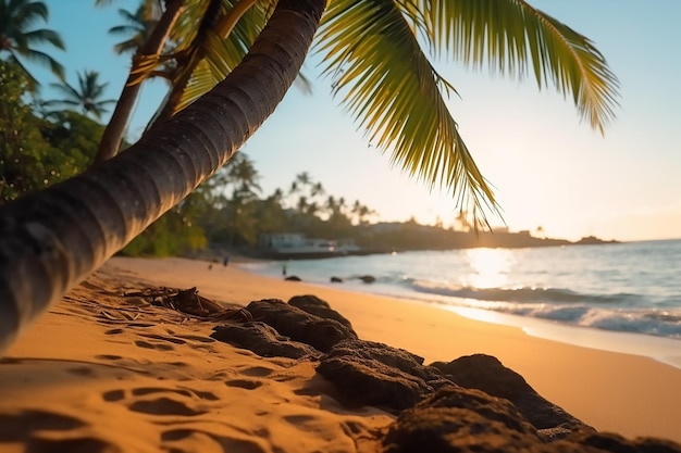 Playa con palmeras y puesta de sol